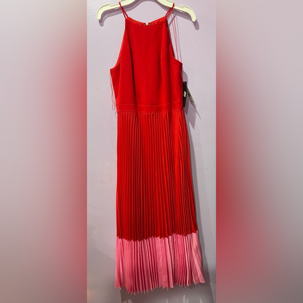 Aidan Red halter dress pleated skirt pink